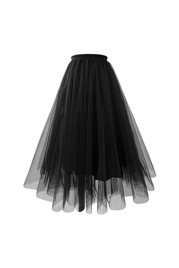 Women's Tulle Skirts Midi Elastic High Waist Pleated Mesh Flowy A-Line Party Long Tutu Skirts Black
