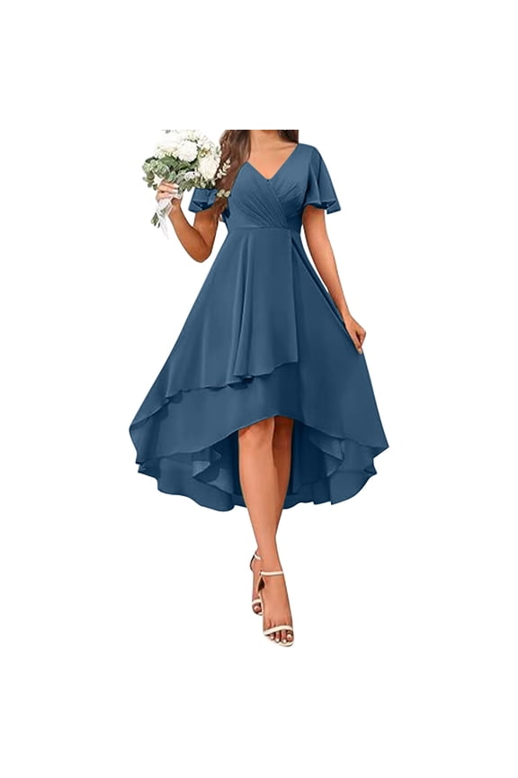 Women's Chiffon Short Sleeve Midi Dress Flowy A-Line V Neck Wrap Evening Party Wedding Guest Cocktail Dresses Blue