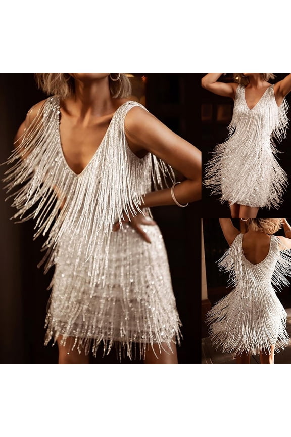 Women Sequin Dress V Neck Flapper Gatsby Homecoming Dresses Evening Gown White