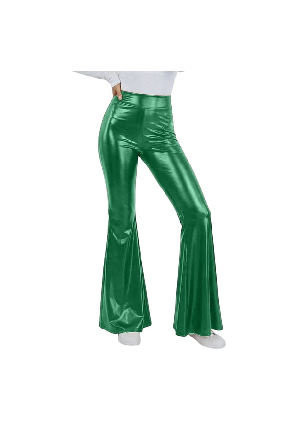 Women Shiny Metallic Bell Bottom Bootcut Leggings Disco Wide Leg Pants High Waist Dance Yoga Trousers Green
