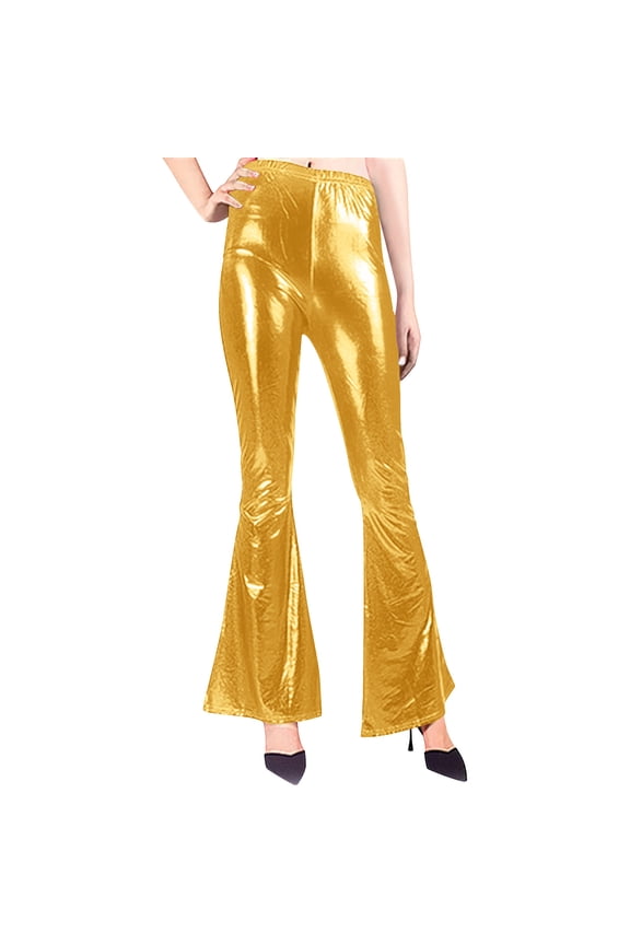 Women Shiny Metallic Bell Bottom Bootcut Palazzo Leggings Disco Wide Leg Pants High Waist Dance Yoga Trousers Yellow