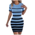 thumbnail image 1 of FRSASU Women Short Sleeve Striped Dress Round Neck Spring Summer Comfy Knit Sweater Dresses Slim Fit Spring Fall Fashion Soft Clothes Blue, 1 of 8