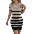 thumbnail image 1 of FRSASU Women Short Sleeve Striped Dress Round Neck Spring Summer Comfy Knit Sweater Dresses Slim Fit Spring Fall Fashion Soft Clothes Khaki, 1 of 9