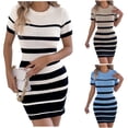 thumbnail image 1 of FRSASU Women Short Sleeve Striped Dress Round Neck Spring Summer Comfy Knit Sweater Dresses Slim Fit Spring Fall Fashion Soft Clothes White, 1 of 9