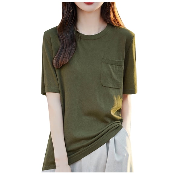 FRSASU Women Short Sleeve Sweater Lightweight Crew Neck Pullover Knit Tee Tops Solid Color Shirt Top Army Green