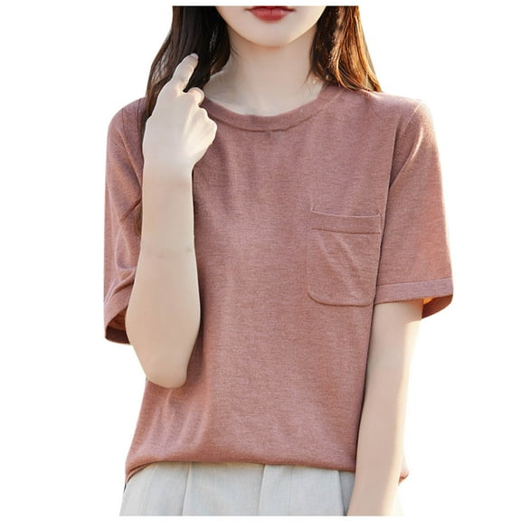 FRSASU Women Short Sleeve Sweater Lightweight Crew Neck Pullover Knit Tee Tops Solid Color Shirt Top Pink