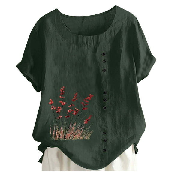 FRSASU Women Short Sleeve Tops Spring Lightweight Button Tees Crew Neck Baggy Casual Floral Printed T-Shirt Summer Army Green