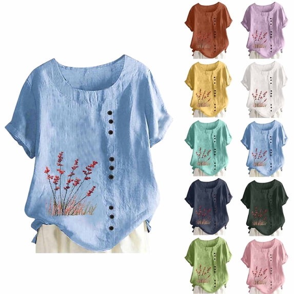 FRSASU Women Short Sleeve Tops Spring Lightweight Button Tees Crew Neck Baggy Casual Floral Printed T-Shirt Summer Yellow