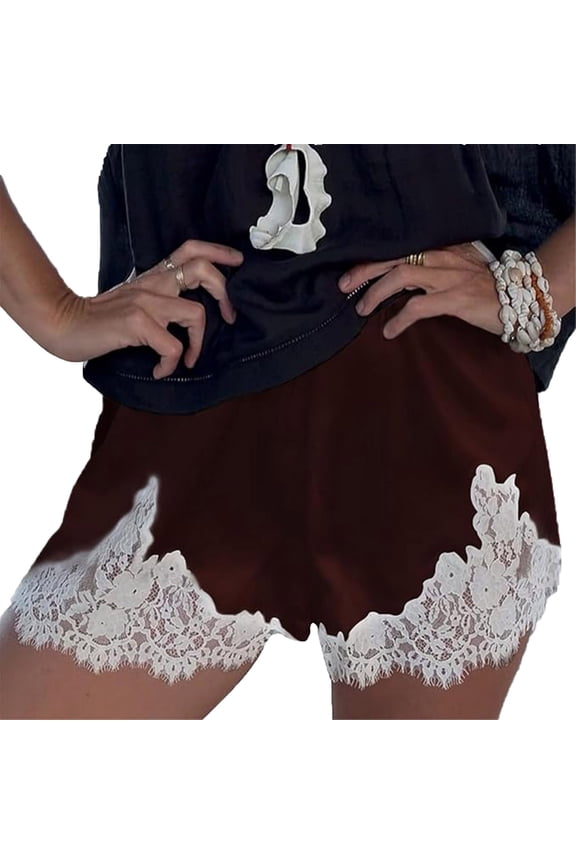 Women Silk Lace Shorts Satin Elastic Waist Lace Trim Mini Shorts Silk Patchwork Lounge Pettipants Slip Bottoms Brown