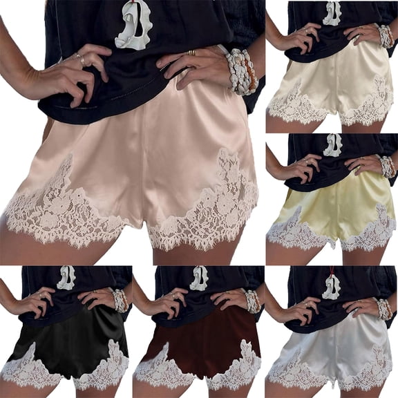 FRSASU Women Silk Lace Shorts Satin Elastic Waist Lace Trim Mini Shorts Silk Patchwork Lounge Pettipants Slip Bottoms Yellow