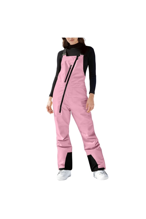 Women Snow Bibs - Adjustable Overalls, Windproof & Waterproof Ski Pants, Insulated Warm Pants Pink