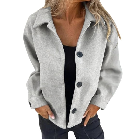 FRSASU Women Solid Color Cardigan Lapel Button Down Cardigan Fashion Long Sleeve Loose Fit Top Jacket Gray