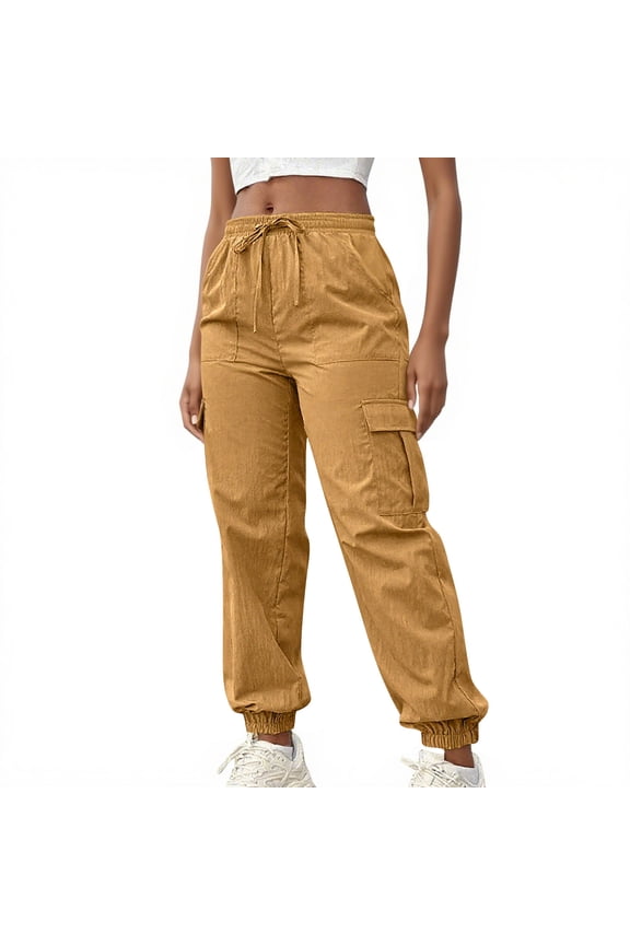 Women Solid Color Casual Jogging Pants Hiking Cargo Pants Running Joggers Fall Clothes Outfits with Pocket Yellow