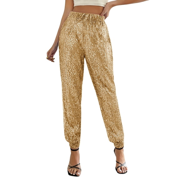 FRSASU Women Solid Color Sequin Elastic Waist Wide Leg Ankle Pants Bling Glitter Casual Loose Long Sparkle Pant Trouser Gold