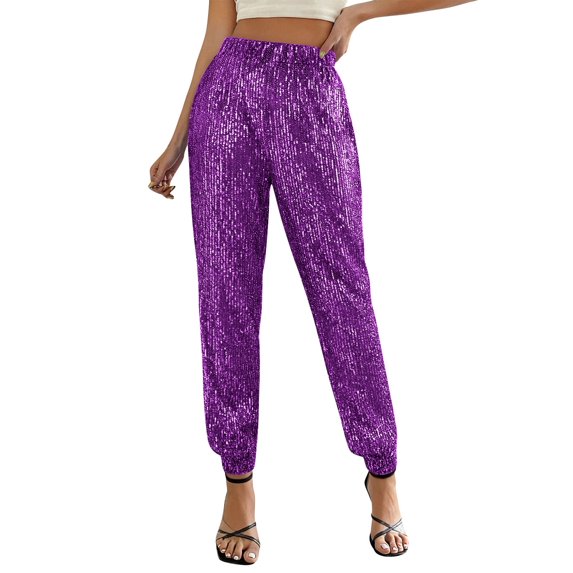 FRSASU Women Solid Color Sequin Elastic Waist Wide Leg Ankle Pants Bling Glitter Casual Loose Long Sparkle Pant Trouser Purple