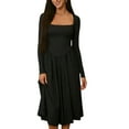 thumbnail image 1 of FRSASU Women Spring Fashion Square Neck Long Sleeve Waist Cinching Slim Fit Solid Color Casual A-Line Midi Dress Black, 1 of 9