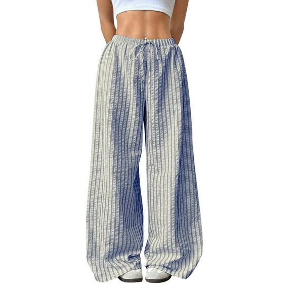 FRSASU Women Spring Summer Casual Drawstring Elastic Waist Loose Wide Leg Striped Pants with Pockets Blue