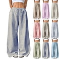 thumbnail image 1 of FRSASU Women Spring Summer Casual Drawstring Elastic Waist Loose Wide Leg Striped Pants with Pockets White, 1 of 7