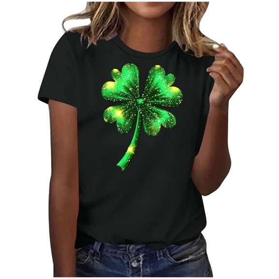 FRSASU Women St Patricks Mardi Gras Round Neck T Shirts Shamrock Carnival Short Sleeve Tops Black