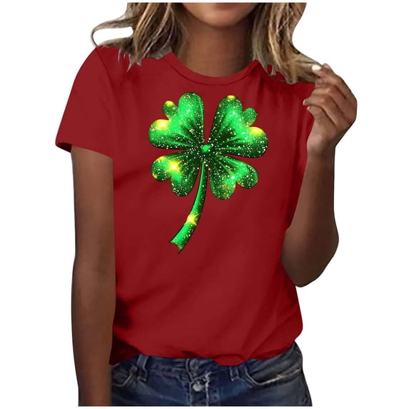 FRSASU Women St Patricks Mardi Gras Round Neck T Shirts Shamrock Carnival Short Sleeve Tops Red