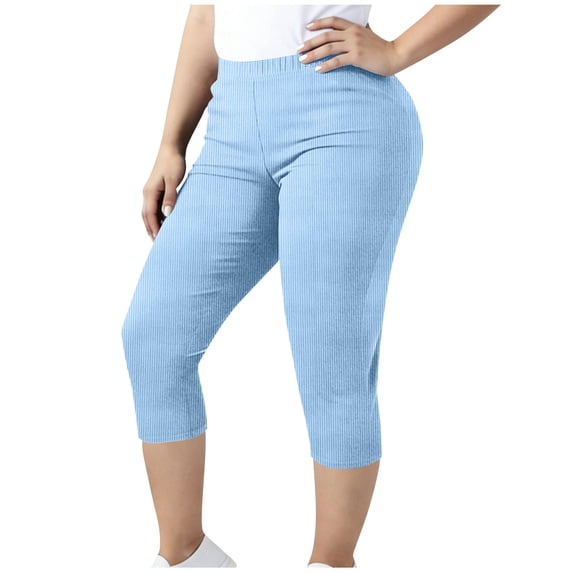 FRSASU Women Stretchy Tummy Control High Waist Workout Ribbed Yoga Pants Solid Color Elastic Waisted Capri Pants Light Blue