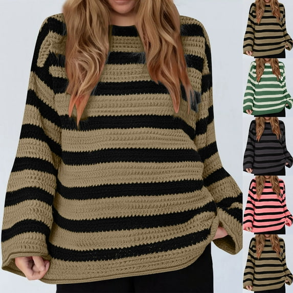 FRSASU Women Striped Pullover Sweater Casual Fashion Long Sleeve Round Neck Knitwear Top Pink