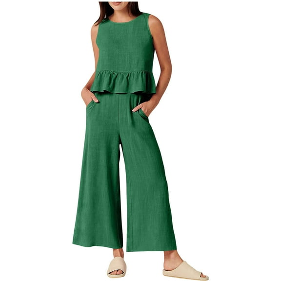 FRSASU Women Summer 2 Piece Outfits Sleeveless Tank Crop Top Wide Leg Pants Lounge Matching Beach Sets Green XXL(XXL)