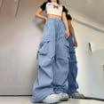 thumbnail image 1 of FRSASU Women Summer Beach Vacation cargo pants High Waisted Wide Leg Pants Loose Flowy Lounge Trousers with pockets Blue, 1 of 6