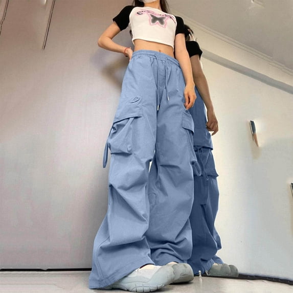 FRSASU Women Summer Beach Vacation cargo pants High Waisted Wide Leg Pants Loose Flowy Lounge Trousers with pockets Blue