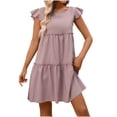thumbnail image 1 of FRSASU Short Dress for Women Crewneck Cap Sleeve Aline Tiered Flowy Ruffle Pleated Beach Sundress Casual Mini Dress Purple, 1 of 6