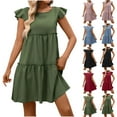 thumbnail image 1 of FRSASU Short Dress for Women Crewneck Cap Sleeve Aline Tiered Flowy Ruffle Pleated Beach Sundress Casual Mini Dress Wine, 1 of 6