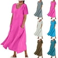 thumbnail image 1 of FRSASU Women Summer Round Neck Fashion Short Sleeve Casual Long Dress Solid Color Cotton Linen Beach Dress with Pockets White 10(XL), 1 of 6