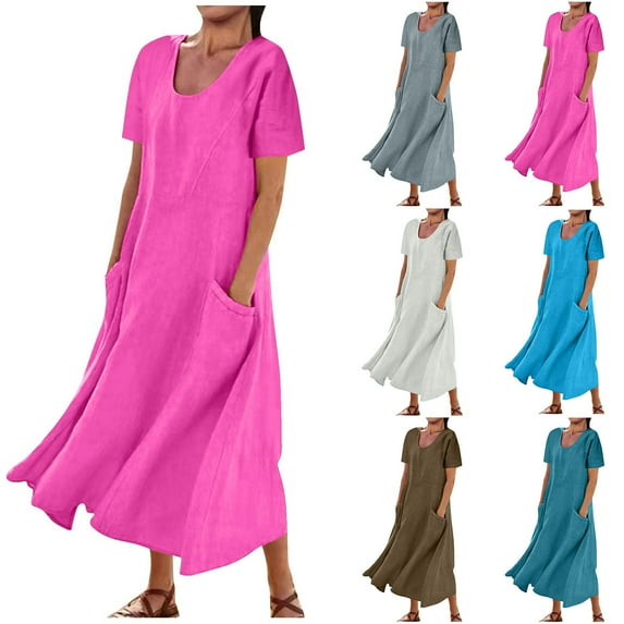 FRSASU Women Summer Round Neck Fashion Short Sleeve Casual Long Dress Solid Color Cotton Linen Beach Dress with Pockets White 10(XL)
