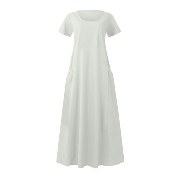 FRSASU Women Summer Round Neck Fashion Short Sleeve Casual Long Dress Solid Color Cotton Linen Beach Dress with Pockets White 6(M)