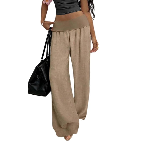 FRSASU Women Summer Solid Color High Waisted Cotton Linen Palazzo Pants Wide Leg Long Lounge Trousers Khaki