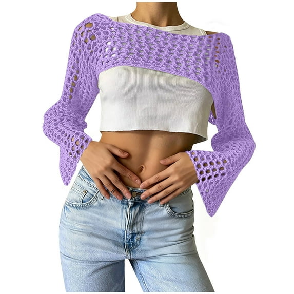 FRSASU Women Sweater Cover up Women's Crochet Knit Hollow Out Comfortable Blouse for Summer Streetwear Fashionable Purple