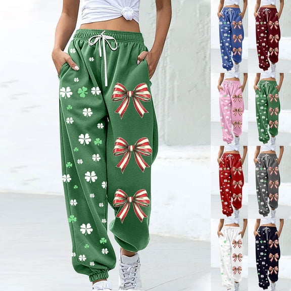 FRSASU Women Sweatpants St. Patrick's Day High Waist Fashion Print Gym Athletic Fit Jogger Pants Baggy Lounge Trousers White