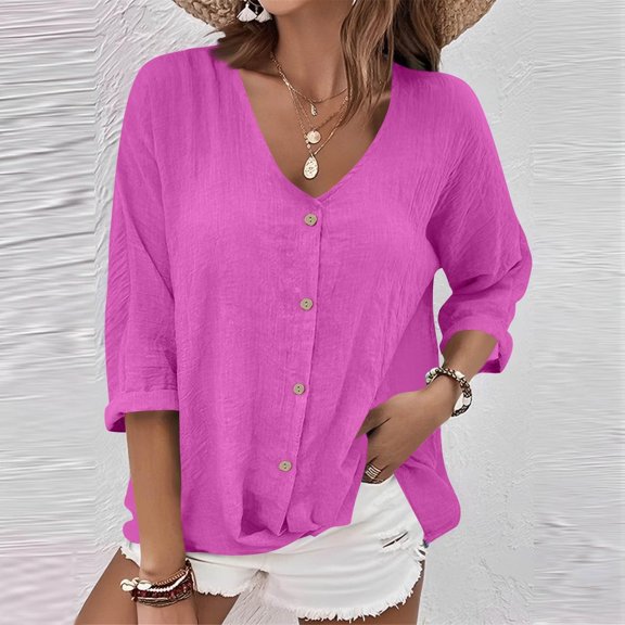 FRSASU Women Tops Long Sleeve Shirts V Neck Loose Fit Soft Casual Solid Color T-Shirts Fall Clothing Hot Pink