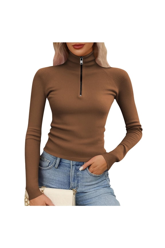 Women Tops Zipper Spring Fall Tunics Casual Oversized Pullover Ribbed High Neck Collared Long Sleeve Slim Fit Shirts Brown