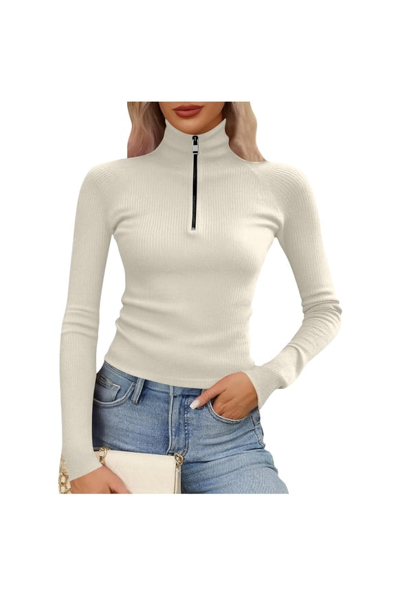 Women Tops Zipper Spring Fall Tunics Casual Oversized Pullover Ribbed High Neck Collared Long Sleeve Slim Fit Shirts White
