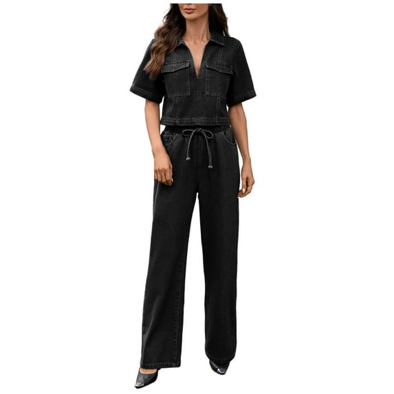 FRSASU Women Two Piece Denim Set Short Sleeved Lapel Top and Slightly Flared Jeans Vintage 2 Piece Outfits Black L(L)