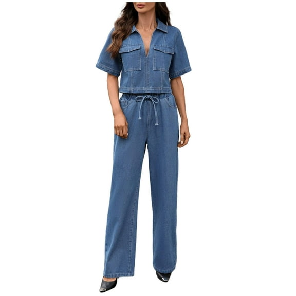 FRSASU Women Two Piece Denim Set Short Sleeved Lapel Top and Slightly Flared Jeans Vintage 2 Piece Outfits Blue M(M)