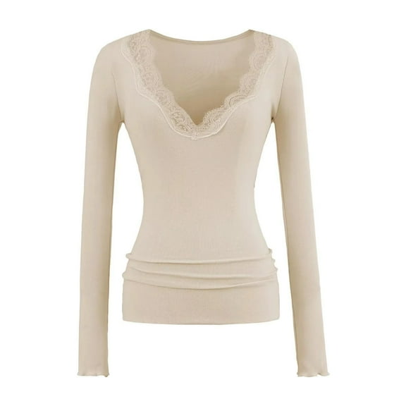 FRSASU Women V Neck Lace Long Sleeve Shirts Basic Slim Fitted Going Out Trendy Winter Casual Tops Beige