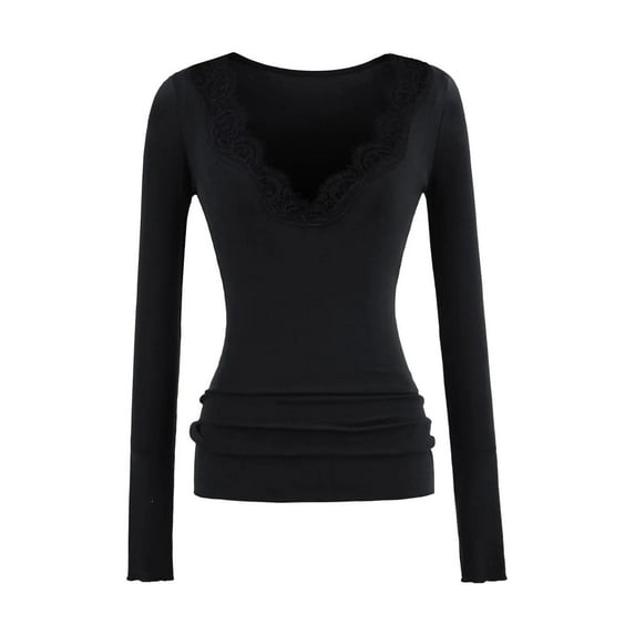 FRSASU Women V Neck Lace Long Sleeve Shirts Basic Slim Fitted Going Out Trendy Winter Casual Tops Black