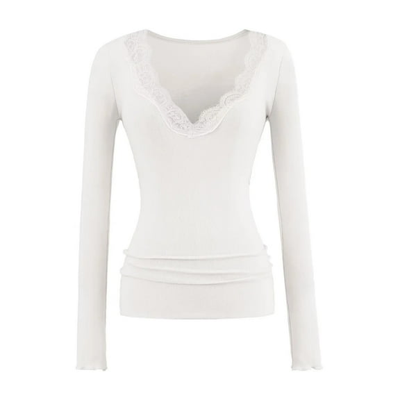 FRSASU Women V Neck Lace Long Sleeve Shirts Basic Slim Fitted Going Out Trendy Winter Casual Tops White