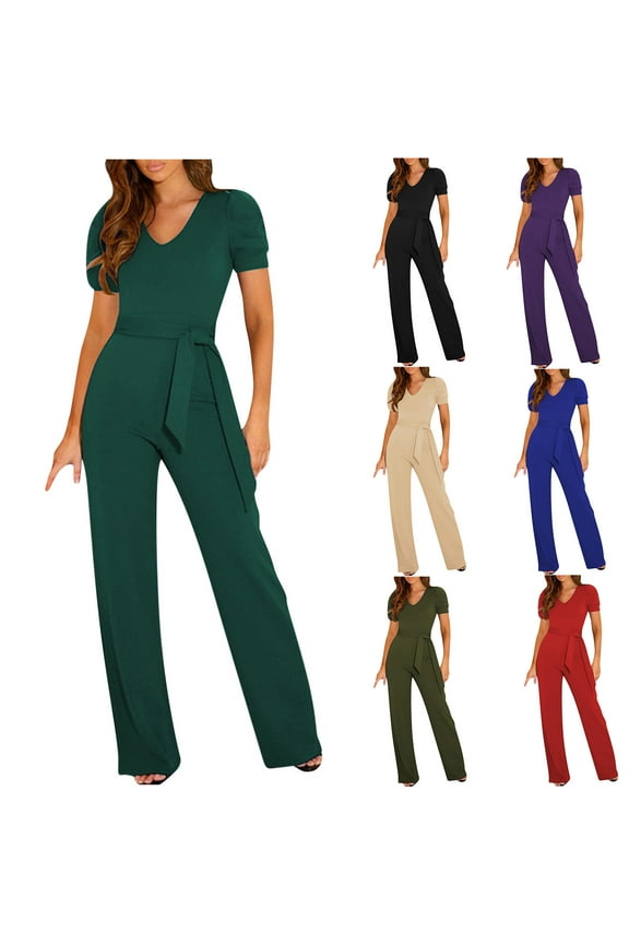 Women V-neck Dressy Casual Jumpsuits Elegant High Waist Romper Summer Short Sleeves Wide Leg Pants Red