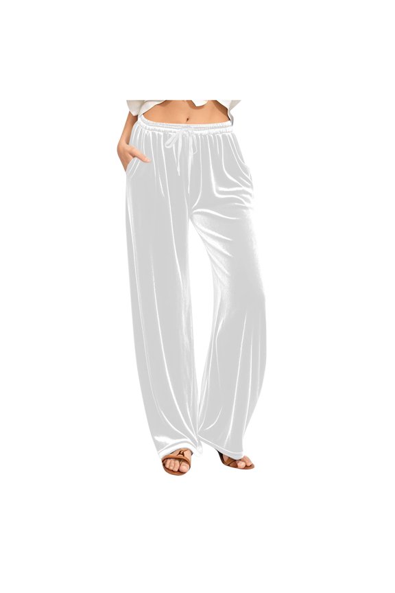 Women Velvet Elastic Wide Leg Pants with Pockets Drawstring Straight Loose Fit Solid Color Casual Fall/Winter Trousers White
