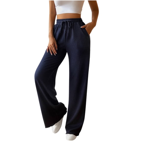 FRSASU Women Wide Leg Pants Drawstring Elastic High Waisted Casual Trousers with Pockets Lounge Comfy Blue