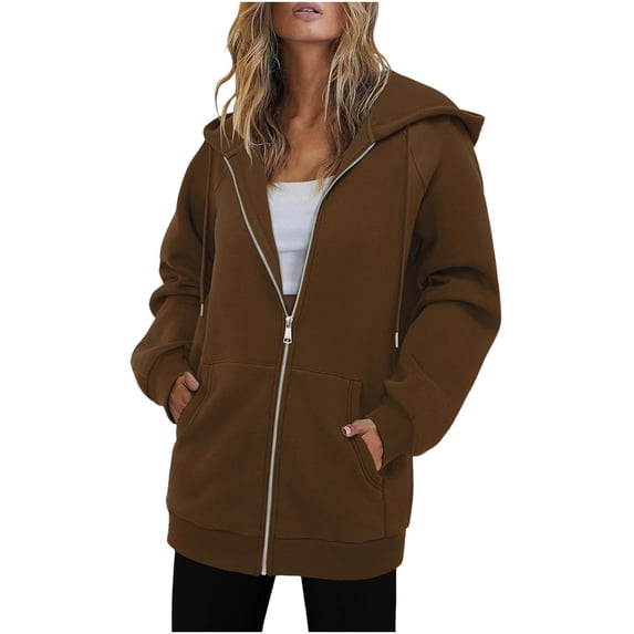FRSASU Women Zip Up Hooded Sweatshirt Top Ladies Solid Color Long Sleeve Casual Loose Lightweight Jacket with Pockets Coffee XXL(XXL)
