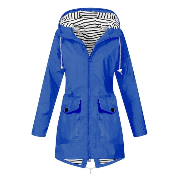 FRSASU Women coats plus size Clearance Solid Color Rain Jacket Outdoor Hooded Windproof Loose with Pocket Coat Blue 14(XXXL)